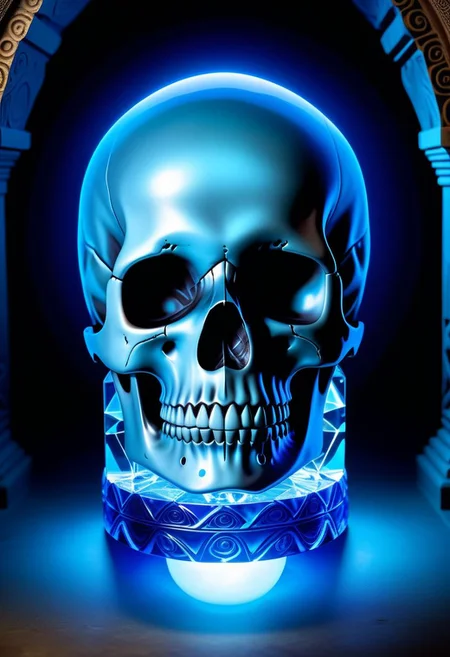 The mysterious Crystal Skull, an ancient artifact with a translucent, glowing blue crystal making up its entire structure. It sits in a dimly lit, underground temple adorned with intricate carvings of mythical creatures. A sense of otherworldly energy radiates from the artifact, and a faint, mystical aura surrounds it. The atmosphere is one of mystery and intrigue, with a touch of otherworldly wonder.