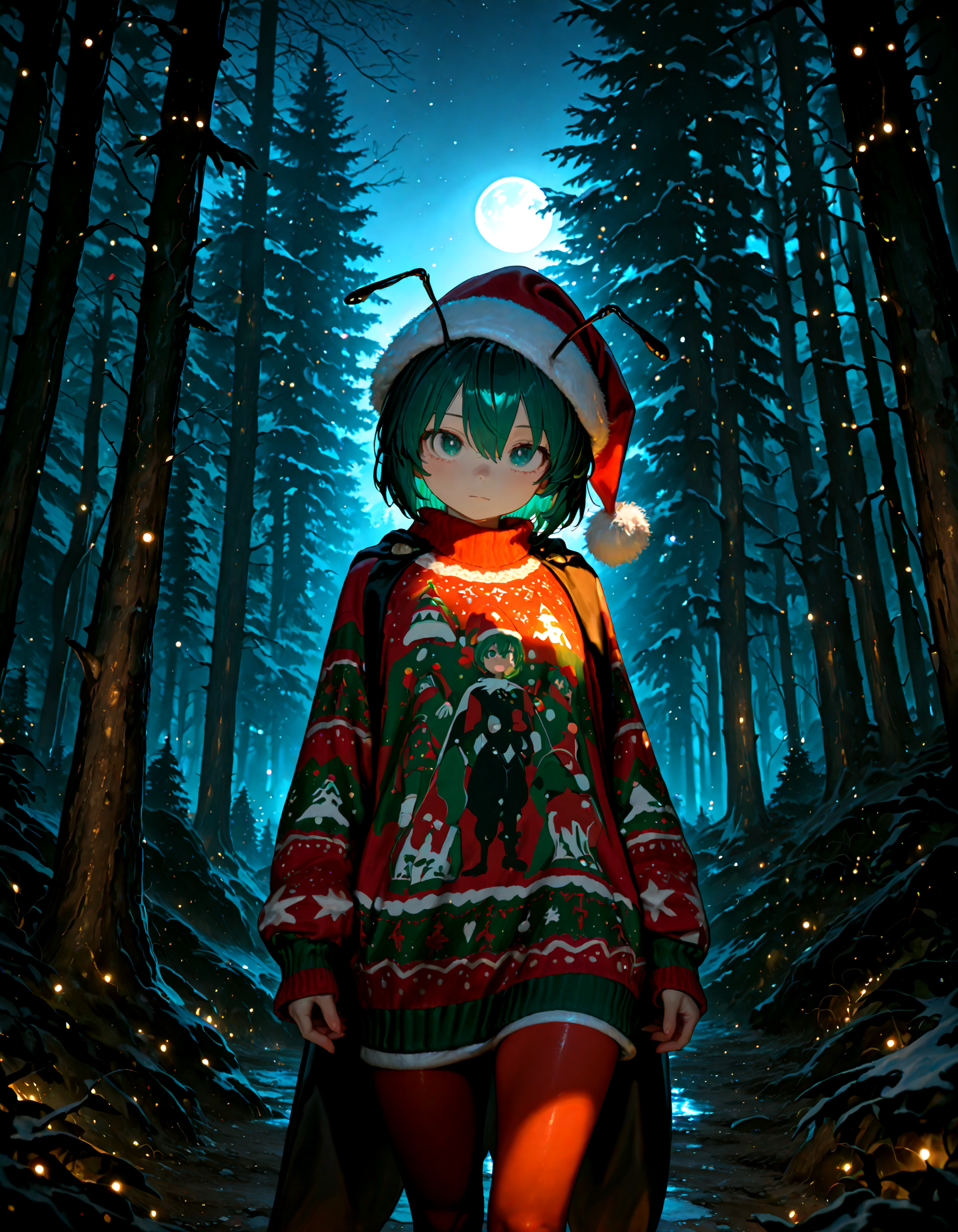 Christmas, dress, red pantyhose ,santa_hat ,Christmas sweater,
1girl, solo,   wriggle_nightbug, soft lighting,looking at viewer, trees, forest, night, moon,
masterpiece, best quality, amazing quality, very aesthetic, absurdres,  newest, (volumetric lighting),
<lora:world_christmassweater:0.5>,<lora:cfg_scale_boost:0.5>, <lora:ponyv5_noobE11_1_adamW:0.5>, <lora:illustrious_noobai_epsilon_pred_1_best_quality_v1:0.5> ,<lora:illustrious_noobai_epsilon_pred_1_masterpieces_v1:0.5> ,<lora:illustrious_noobai_epsilon_pred_11_very_aesthetic_v1:0.5>