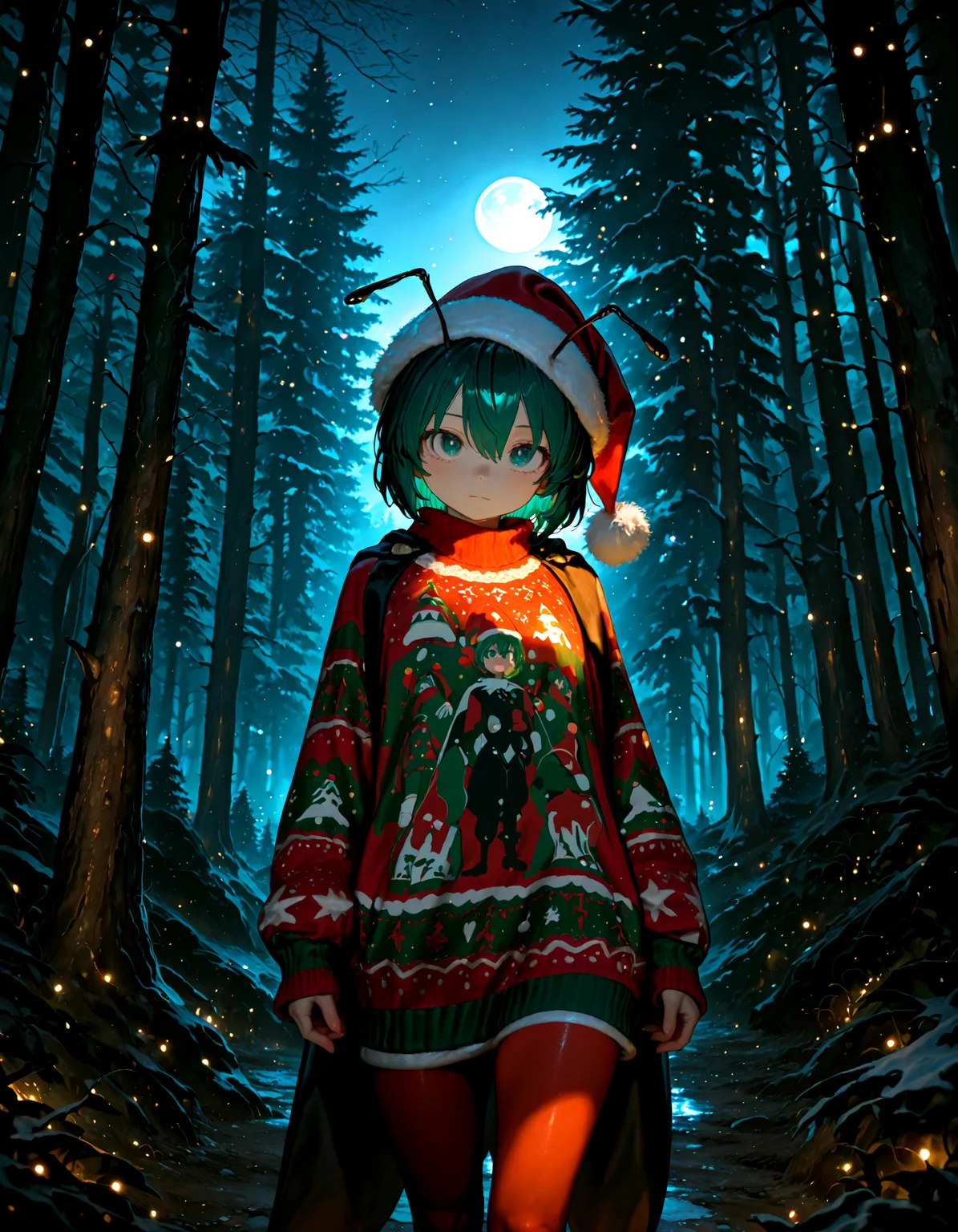Christmas, dress, red pantyhose ,santa_hat ,Christmas sweater,
1girl, solo, wriggle_nightbug, soft lighting,looking at viewer, trees, forest, night, moon,
masterpiece, best quality, amazing quality, very aesthetic, absurdres, newest, (volumetric lighting),
<lora:world_christmassweater:0.5>,<lora:cfg_scale_boost:0.5>, <lora:ponyv5_noobE11_1_adamW:0.5>, <lora:illustrious_noobai_epsilon_pred_1_best_quality_v1:0.5> ,<lora:illustrious_noobai_epsilon_pred_1_masterpieces_v1:0.5> ,<lora:illustrious_noobai_epsilon_pred_11_very_aesthetic_v1:0.5>