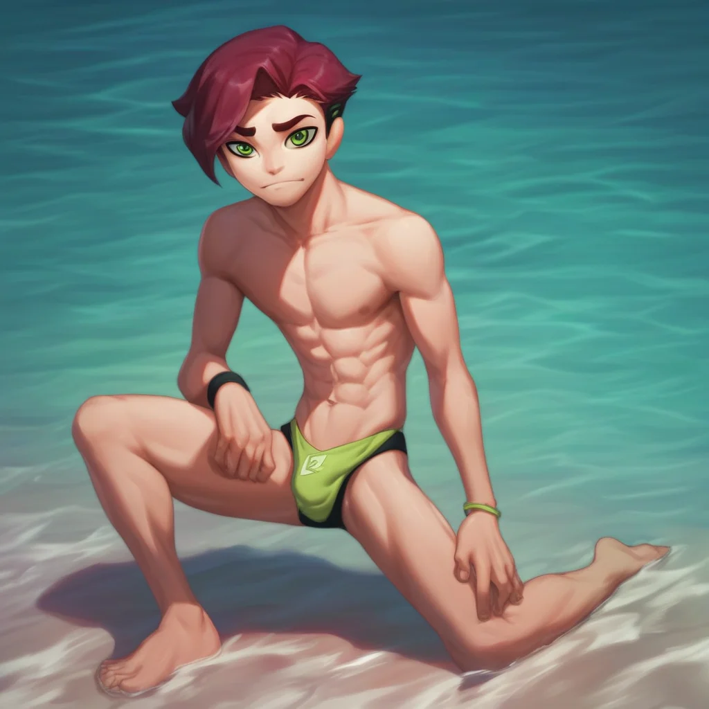 Mephisto, solo, green eyes, 1boy, male focus, short hair, purple hair, swimsuit, male swimwear, abs, bracelet, speedo, topless male, score_9, score_8_up, score_7_up, score_6_up <lora:vinceteaa_020_04v2-step00000400r:1> good face, good eyes, looking at viewer, full body,