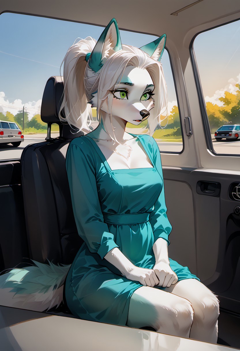 The furry is an anthropomorphic fox (female) with turquoise-colored fur, white hair pulled back in a ponytail, and green eyes. He sits in the compartment car of the train, looking thoughtfully out the window. She is wearing an airy white summer dress.