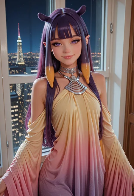 ultra-detailed,masterpiece, best quality, good quality, 8k,beautiful eyes, detailed eyes, detailed face,
BREAK
ninomae inanis, pointy ears, long hair, purple hair, multicolored hair, blunt bangs, tentacle hair, sidelocks, purple eyes, choker,
BREAK
v1ll4-g0wn, yellow dress, pink dress, gradient dress, bare shoulders, large sleeves, silver metal,
BREAK
seductive smile, standing,
BREAK
Intricate, detailed background, colorful, detailed background, dynamic angle, volumetric lighting, cinematic lighting,
BREAK
Indoors, Modern Apartment, Large window showing a cityscape at night,
BREAK
artist:moriimee, <lora:MoriiMee_Gothic_Niji_Style_Illustrious_r1:0.6>, <lora:PowerPuffMixLora:0.5>,
BREAK