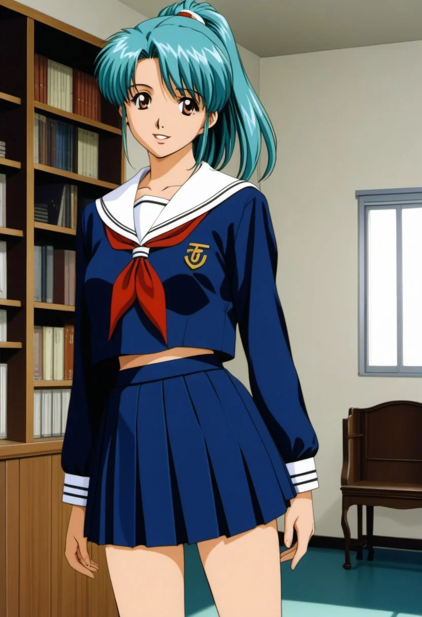 MZ1TakanakaYui,1girl,solo,parted lips,smile,aqua hair,ponytail,brown eyes,retro artstyle,1980s (style), masterpiece, best quality, very aesthetic, absurdres,
serafuku,school_uniform, standing,indoor,room