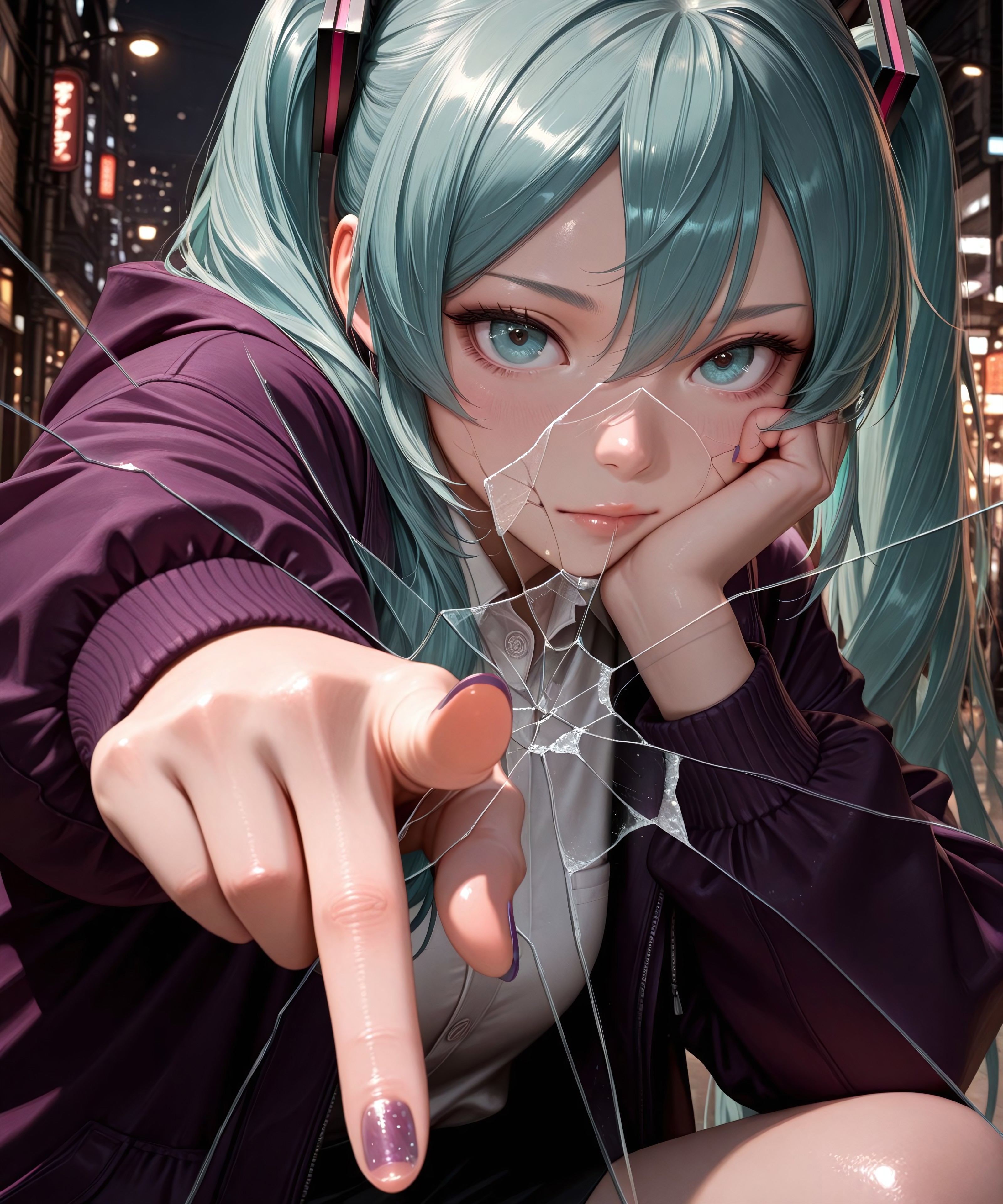 masterpiece, lazypos, lazympos, best quality, very aesthetic, newest, depth of field, stylized, HDR, high contrast, masterpiece, best quality, amazing quality, absurdres, scenery, (volumetric lighting), photorealistic, photo background, detailed, Anime girl, 1girl, hatsune miku, solo (ethnicity:1.1), (detailed clothing:1.2), (accessories:1.1), (facial features:1.3), (expression:1.2), (body type:1.1), (pose:1.2),  with aqua hair, twintails, hair ornament, sidelock, hair between eyes, parted bangs, purple jacket,  and aqua eyes, pointing finger through cracked glass, intense gaze,  centered in the frame, looking at viewer,  (detailed skin texture:1.2), (nail detail:1.1),  urban background,  dark purple and gray color palette,  lighting dramatic,  high-detail style,  manga art,  (cracked glass:1.2),  digital illustration,  sharp focus,  photorealistic style,  anime aesthetic.
