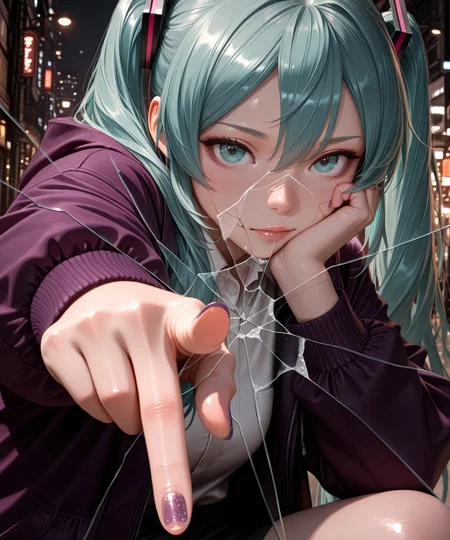 masterpiece, lazypos, lazympos, best quality, very aesthetic, newest, depth of field, stylized, HDR, high contrast, masterpiece, best quality, amazing quality, absurdres, scenery, (volumetric lighting), photorealistic, photo background, detailed, Anime girl, 1girl, hatsune miku, solo (ethnicity:1.1), (detailed clothing:1.2), (accessories:1.1), (facial features:1.3), (expression:1.2), (body type:1.1), (pose:1.2),  with aqua hair, twintails, hair ornament, sidelock, hair between eyes, parted bangs, purple jacket,  and aqua eyes, pointing finger through cracked glass, intense gaze,  centered in the frame, looking at viewer,  (detailed skin texture:1.2), (nail detail:1.1),  urban background,  dark purple and gray color palette,  lighting dramatic,  high-detail style,  manga art,  (cracked glass:1.2),  digital illustration,  sharp focus,  photorealistic style,  anime aesthetic.