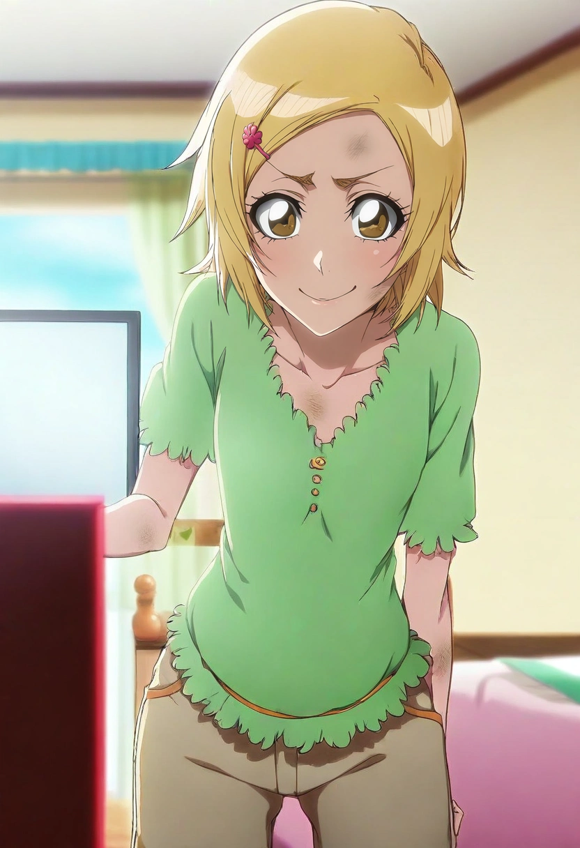 masterpiece, best quality, anime screencap, intricate details, looking at viewer, depth of field, 1girl, gold eyes, dirty blonde hair, spiky pixie, hairpin, Capri pants, Peasant blouse, , ,, solo, cowboy shot, bedroom, computer monitor, day, sunny, arm at side, giggling, <lora:bleach_tybw_style_ilxl:1.0>, bleach_tybw_style,