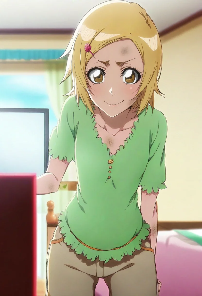 masterpiece, best quality, anime screencap, intricate details, looking at viewer, depth of field, 1girl, gold eyes, dirty blonde hair, spiky pixie, hairpin, Capri pants, Peasant blouse, , ,, solo, cowboy shot, bedroom, computer monitor, day, sunny, arm at side, giggling, <lora:bleach_tybw_style_ilxl:1.0>, bleach_tybw_style,