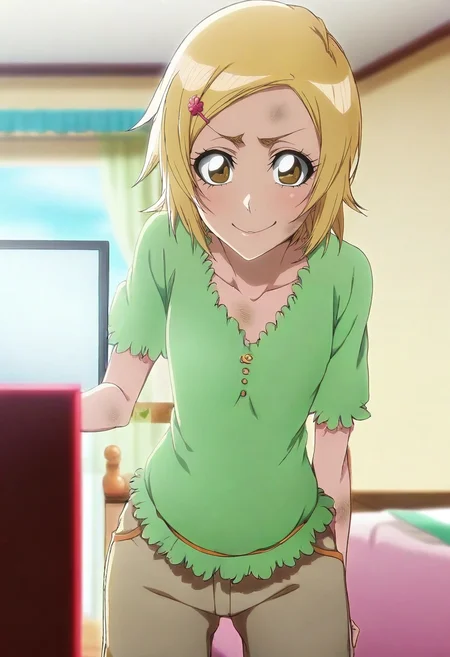 masterpiece, best quality, anime screencap, intricate details, looking at viewer, depth of field, 1girl, gold eyes, dirty blonde hair, spiky pixie, hairpin, Capri pants, Peasant blouse, , ,, solo, cowboy shot, bedroom, computer monitor, day, sunny, arm at side, giggling, <lora:bleach_tybw_style_ilxl:1.0>, bleach_tybw_style,