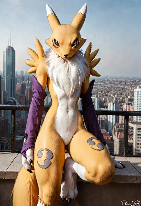 score_9, score_8_up, score_7_up, score_6_up, score_5_up, score_4_up, BREAK, solo, 1girl, renamon, anthro, furry, furry female, furry body, detailed fur, realistic fur, yellow fur, blue eyes, black sclera, flat chest, thin waist, slender waist, thick thighs, huge thighs, (tail:1.5), dipstick tail, mostly nude, purple bridal gauntlets, no nipples, featureless crotch, action pose, dynamic pose, sexy pose, arched back, one leg up, city rooftop, photorealistic, hyperrealism, photography, real life
