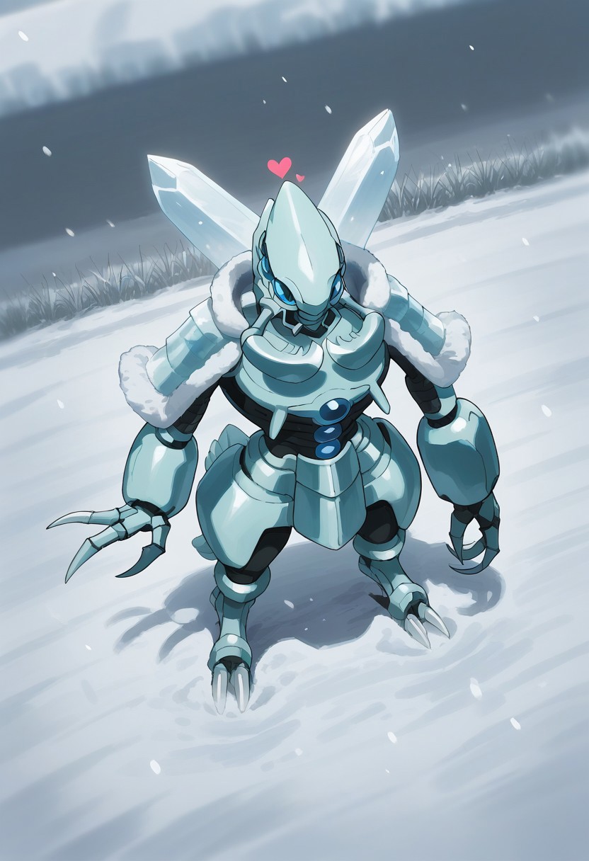 score_9, score_8_up, score_7_up, source_anime, rating_safe, snowing, heart, CocytusOL, blue_Cocytus_eyes, pokemon (creature), robot focus, fur-trimmed jacket, winter clothes, light blue_Cocytus_claws, blurry outdoors, from above, snow grass, dutch angle, cute wallpaper,