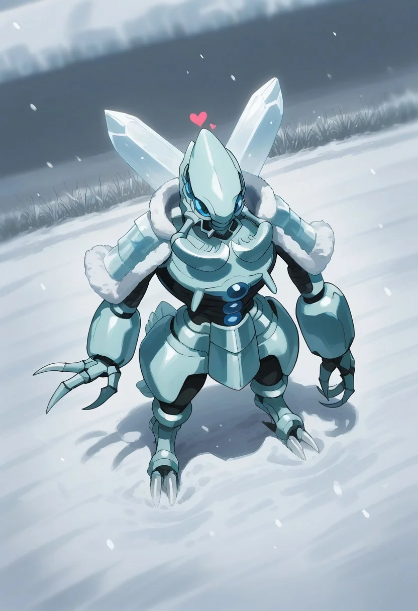 score_9, score_8_up, score_7_up, source_anime, rating_safe, snowing, heart, CocytusOL, blue_Cocytus_eyes, pokemon (creature), robot focus, fur-trimmed jacket, winter clothes, light blue_Cocytus_claws, blurry outdoors, from above, snow grass, dutch angle, cute wallpaper,