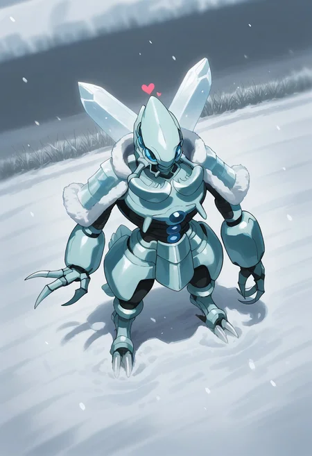 score_9, score_8_up, score_7_up, source_anime, rating_safe, snowing, heart, CocytusOL, blue_Cocytus_eyes, pokemon (creature), robot focus, fur-trimmed jacket, winter clothes, light blue_Cocytus_claws, blurry outdoors, from above, snow grass, dutch angle, cute wallpaper,