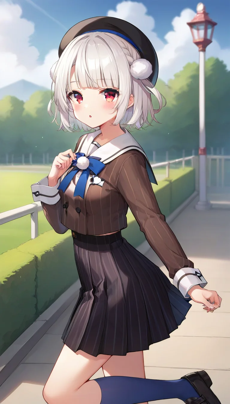 score_9,score_8_up,score_7_up,score_6_up BREAK official art,solo,outdoors,cowboy shot,looking at viewer,facing viewer,blush,shigure ui (vtuber),Ui(voisona),beret,black headwear,white hair,short hair,hair rings,pom pom hair ornament,side braid,french braid,blunt bangs,red eyes,school uniform,black jacket,vertical-striped jacket,white sailor collar,neck ribbon,pom pom (clothes),long sleeves,white wrist cuffs,double-breasted,black skirt,pleated skirt,vertical-striped skirt,blue socks,loafers,black footwear,<lora:Ui(voisona)-Pony:1.2>,