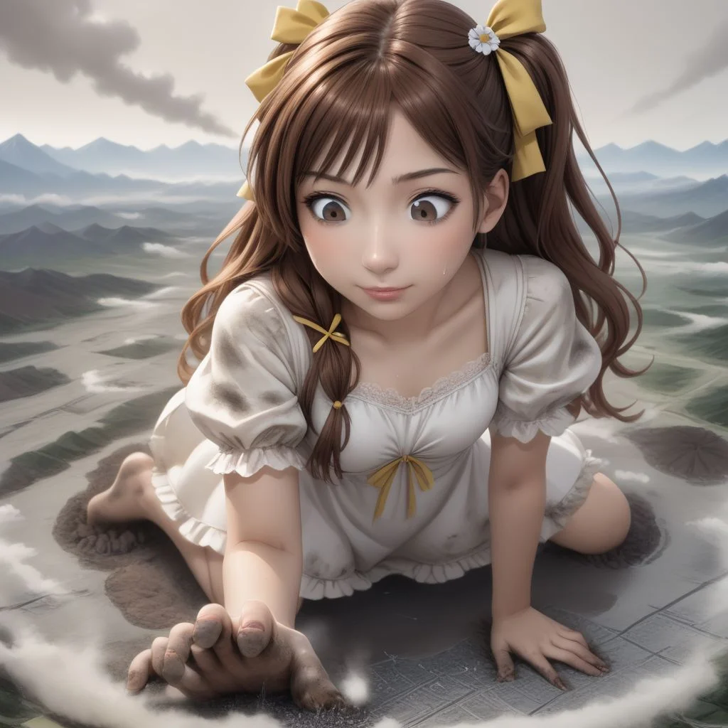 score_9, score_8_up, score_7_up, score_6_up, macro, giga macro, giantess,( 1girl:1.5), solo, solo focus,
(enju aihara, brown eyes, ribbon, hair ribbon, ribbon, long hair, brown hair, hair ornament, dress, lace dress, short sleeves, white dress, elegant dress, flower girl, flower girl dress, bare legs, barefoot, looking down, sweating, adorable girl:1.3), (kneeling, crouching, on her knees, kneeling down:1.4), smiling,
(cute female, love, flower girl, flower girl dress, white dress:1.5), 1girl, perfect feet, feet, looking down, (sweat, sweaty, very sweaty, steam, steamy:1.4), (bare legs, barefoot:1.3), toes, (crawling, all fours, crawling on a tiny city, crawling on a tiny landscape, looking down:1.4), (dirty feet, sweaty feet, sweaty soles, steamy feet, dirty soles, feet dripping sweat, feet dripping with sweat, feet steaming, steam around feet, very sweaty feet, sweat on soles:1.3), flower girl, very cute girl, (dirty, digging, dirty feet, smoke around feet, smoke from destruction, muddy legs, mud on feet, dirty dress:1.3),
extreme detail, realistic, realism, masterpiece, perfect lighting, bloom, cinematic lighting, highres, (ultra realistic, 32k, masterpiece:1.2), (high detailed skin:1.1), (high quality:1.1), (detailed background, very detailed background:1.2),
(landscape:1.5), stepping on cities, stepping on a tiny city, stepping on a tiny landscape, tiny landscape, tiny cities, cities everywhere, destruction, mass destruction, from space, view from space,