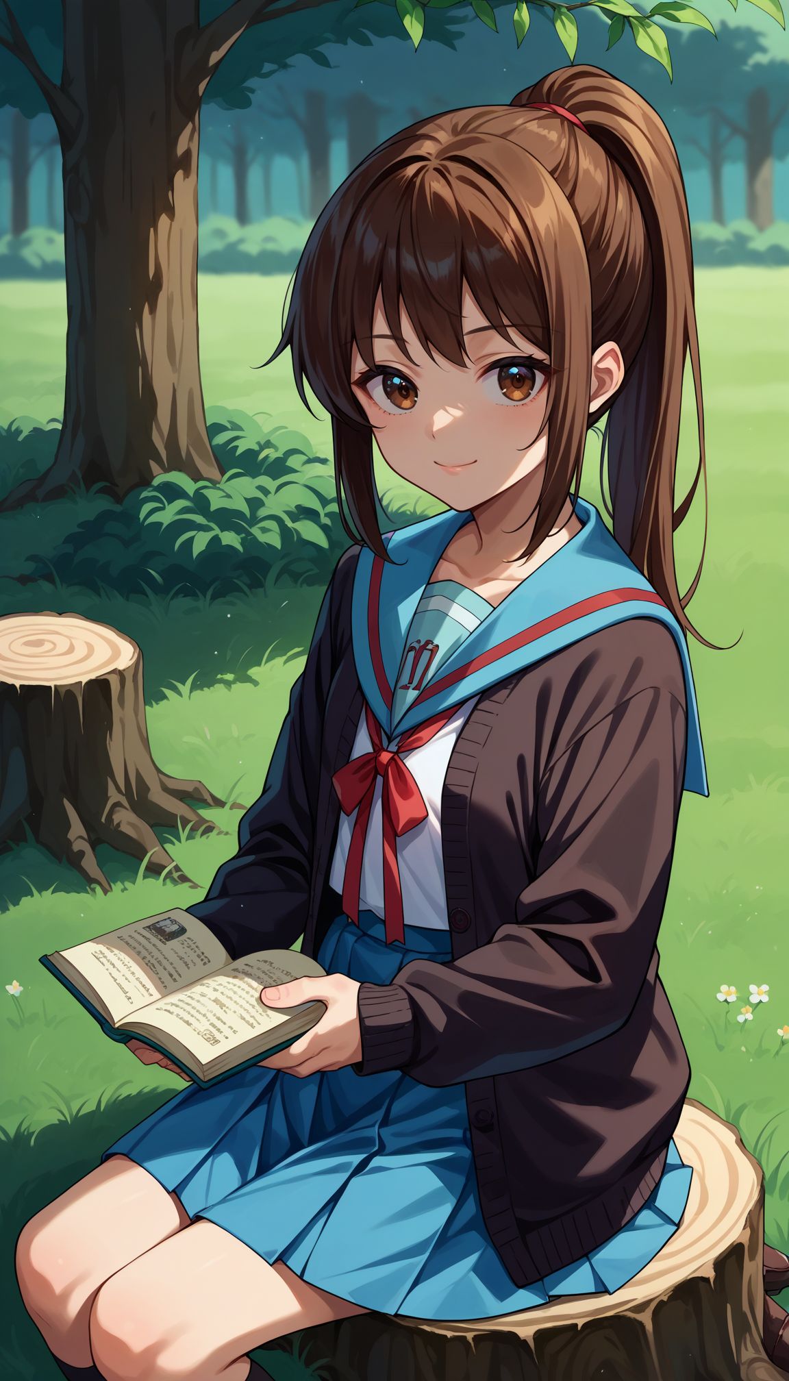 score_9, score_8_up, score_7_up, source_anime, 1girl, close portrait, face focus, smile, upper body, , <lora:Kyonko:0.6> kyonko, kita high school uniform, 1girl, winter uniform, blue skirt, serafuku, open cardigan, kyonko, blue sailor collar, ponytail, , grass, long sleeves, outdoors, tree stump, sitting, open clothes, holding book, open book, brown hair, brown cardigan, red ribbon, reading, long hair, brown eyes, black cardigan, socks, closed mouth, brown footwear, day, nature