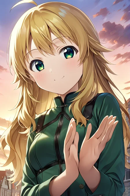 hoshii_miki, 1girl, solo,petite,long hair, blonde hair, green eyes,ahoge,medium breasts,close up,standing,looking at viewer,flowerhands, Make flower shape with both hands, open palms,incoming,upperbody,smile,cloud,sunset,town,wind<lora:Hoshii_Miki:0.7> <lora:better skin typeB-v1:0.7> <lora:XDetail_light:1>masterpiece,best quality,source anime
 <lora:negativeXL_D:1> <lora:_sdxl-flowerhands:0.7>