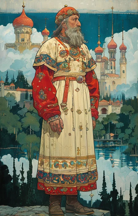 masterpiece,best quality,<lora:tbh166-sdxl:0.9>,illustration,style of Ivan Bilibin, portrait of noble man