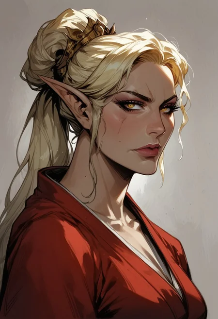 score_9, score_8_up, score_7_up, BREAK,
1girl, mature and imposing, 30 years old, portrait, beautiful, Elf wizard, asian, asian woman, golden colored skin, tanned skin, tanned, sunbathed, sunbathed skin, evil, villain, blonde hair, medium brests, golden eyes, mature, mature woman, long ponytail, single ponytail, side bangs, modest clothing, red fantasy toga, red kimono, closed mouth, arrogant <lora:Fant5yP0ny:0.6> <lora:fantasy_world_pony:0.9>
<lora:Cherry-Gig:0.55>