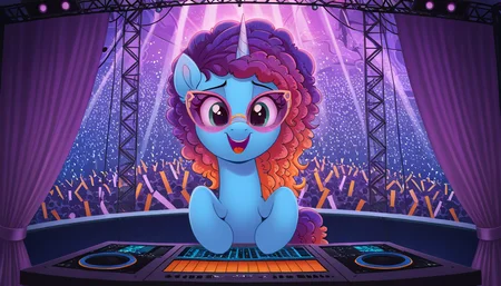 resolution, masterpiece, high resolution, (SOLO: 1.2) my little pony, friendship is magic, wild, detailed background(, detailed background:1.3),( detailed details:1.1),
<lora:Misty111:1> Misty Brightdawn rebirth look, gradient hair, purple and orange hair blue body unicorn, eyes green <lora:Wholesome-MLP-v1.4b:0.7> at the DJ booth, happy, DJ glasses, view from the audience