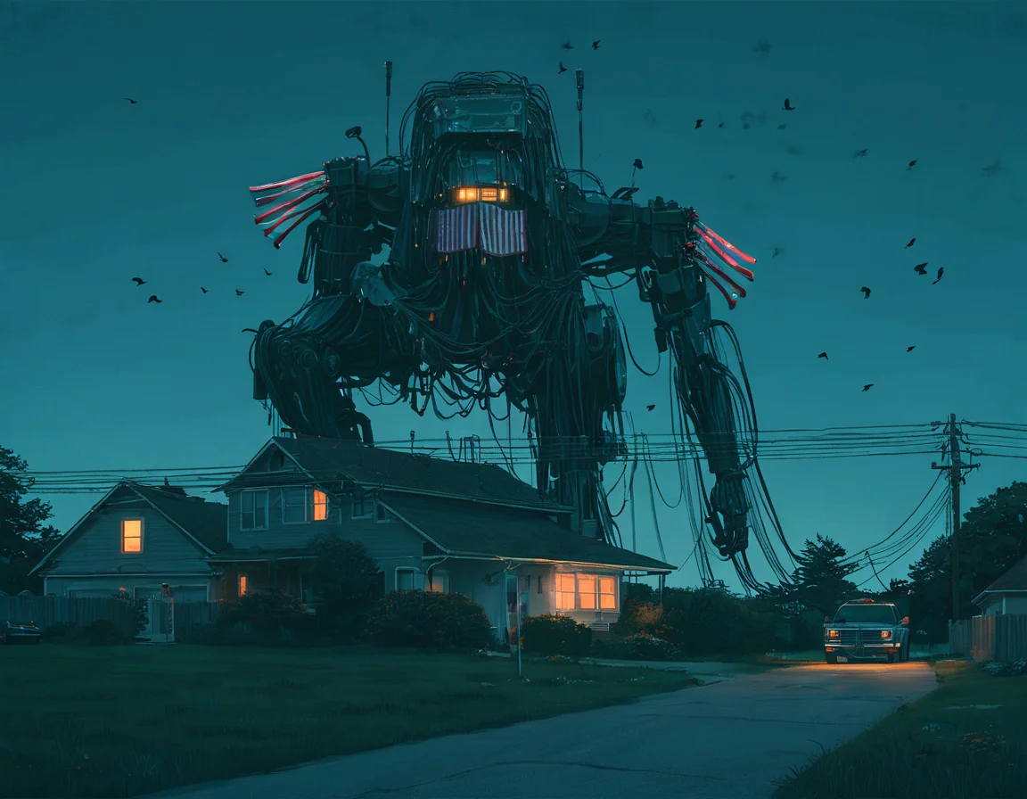 <lora:ssta:0.6>ssta, road, house with light on, grass, american flag on pole, cars, truck, power lines, birds, giant mech robots with wires wrapping around house