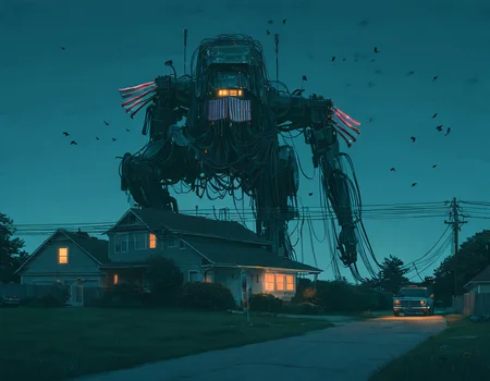 <lora:ssta:0.6>ssta, road, house with light on, grass, american flag on pole, cars, truck, power lines, birds, giant mech robots with wires wrapping around house