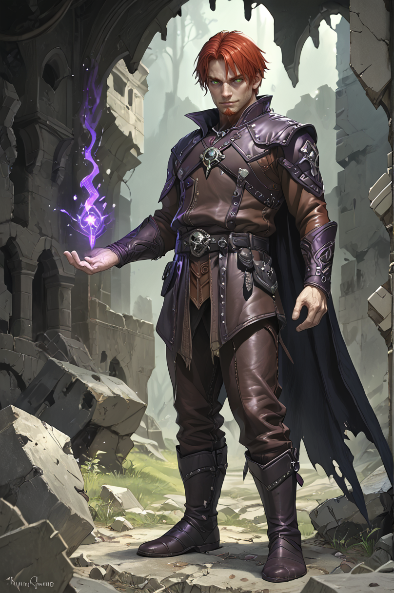 score_9, score_8_up, score_7_up,  ArsMJStyle, dnddarkestfantasy, Dark Fantasy, Full body shot,
BREAK,
Perfect Hands, Perfect body Proportions,
Handsome, young male Warlock, short hair, Pants, Goatee, solo, 
Red hair,  Green eyes, Smirk, 
Amulet, Glowing, leather armor, gambeson, Dark-brown armor, (leather material:1.2), (studded:1.1), design, <lora:leather_armor:1>,<lora:Gambeson_CyberPony:1>, 
Leather Boots, Black Cape, long Cape,
(Casting spell:1.2), (Magical energy:1.2), (Dark Magic:1.2), Purple magic, purple energy, (magic:1.1), (arkane_dark:1.1), <lora:dark_magiks:1>, 
BREAK, 
(Ancient Ruins:1.1), (stone rubble:1.1), crumbled stone walls, forest, Night, nighttime, Moonlight,
BREAK,
<lora:add-detail-xl:0.7><lora:Perfect Hands:1> <lora:DnDDarkestFantasyPony:1>