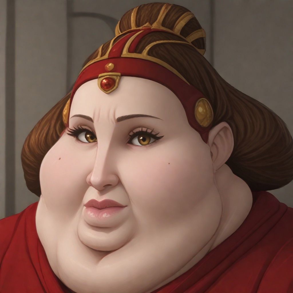 1girl,solo ,thick thighs,, Exquisite visuals, high-definition,masterpiece,best quality ,Beautiful Fingers,Beautiful long legs,Beautiful body,Beautiful Nose,Beautiful character design, perfect eyes, perfect face,expressive eyes, looking at viewer, official art,extremely detailed CG unity 8k wallpaper, dark lighting, Bright_Front_face_Lighting,shiny skin, (masterpiece:1.0),(best_quality:1.0), ultra high res,4K,ultra-detailed, photography, 8K, HDR, highres, absurdres:1.2, film grain, bokeh:1.2, lens flare, (vibrant_color:1.2), (beautiful_face:1.5), masterpiece, best quality, professional, solo, 4k, detailed,<lora:clonewars-padme-amidala-s3-ponyxl-lora-nochekaiser:1>, padme amidala, brown hair, brown eyes, realistic, mole, mole under eye, long hair, lips, 3d, Padmé Amidala,Crown , Single red dot on both cheeks, Lipstick, Red dress,sexy ,gorgeous face, beautiful eyes, happy, thick thighs, beautiful face, ((chubby)), milf, sweaty, hearts, closeup, seductive, wide hips, ((focus on face))), bangs, looking at viewer, bedroom bed,(((closeup))),obese,(chubby face), immobile,(chubby cheeks)