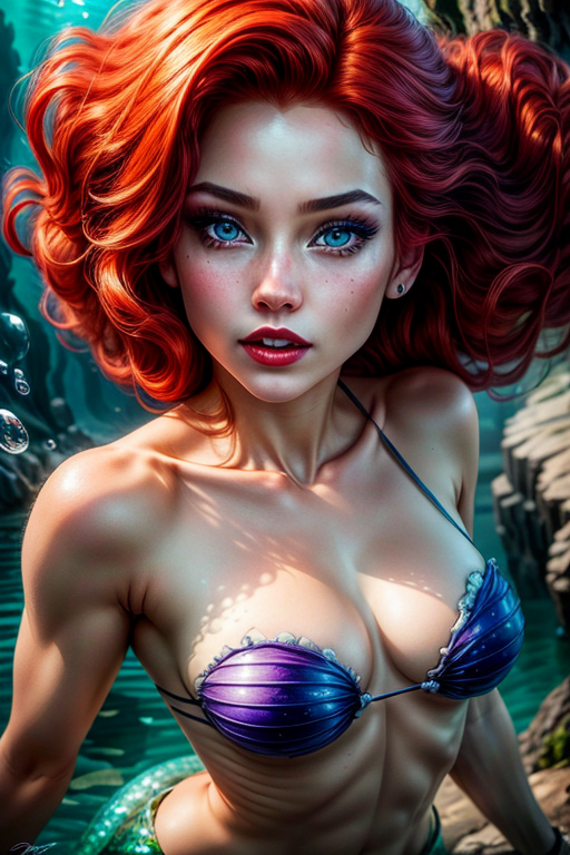 <lora:Ariel:0.6>ariel,  1girl, solo, long hair, breasts, blue eyes, cleavage, swimsuit, upper body, red hair, signature, makeup, looking up, lipstick, monster girl, bubble, underwater, red lips, air bubble, mermaid, shell bikini (masterpiece:1.2), (best quality), (ultra detailed), (8k, 4k, intricate),(full-body-shot:1), (highly detailed:1.2),(detailed face:1.2), (detailed background),detailed landscape, (dynamic angle:1.2), (dynamic pose:1.2) <lora:more_details:1>