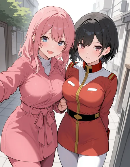 masterpiece, high quality,
2girls, smile, ;d, arm hug, looking at viewer,
cowboy shot,
outdoors,
<lora:DK_sayla_outfits_il_0512d:0.8>
ADDBASE
pink pant suit, turtleneck shirt, tight pants,
ADDCOL
red military jacket white leggings, no headwear,