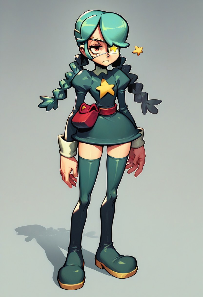 Score_9, Score_8_up, Score_7_up, Score_9, Score_8_up, Score_7_up, <lora: annie skullgirls>, 1girl, thighhighs, eyepatch, twin braids, thigh boots, braid, boots, solo, pouch, zettai ryouiki, green hair, star (symbol), belt pouch, green footwear,
