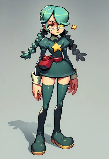 Score_9, Score_8_up, Score_7_up, Score_9, Score_8_up, Score_7_up, <lora: annie skullgirls>, 1girl, thighhighs, eyepatch, twin braids, thigh boots, braid, boots, solo, pouch, zettai ryouiki, green hair, star (symbol), belt pouch, green footwear,
