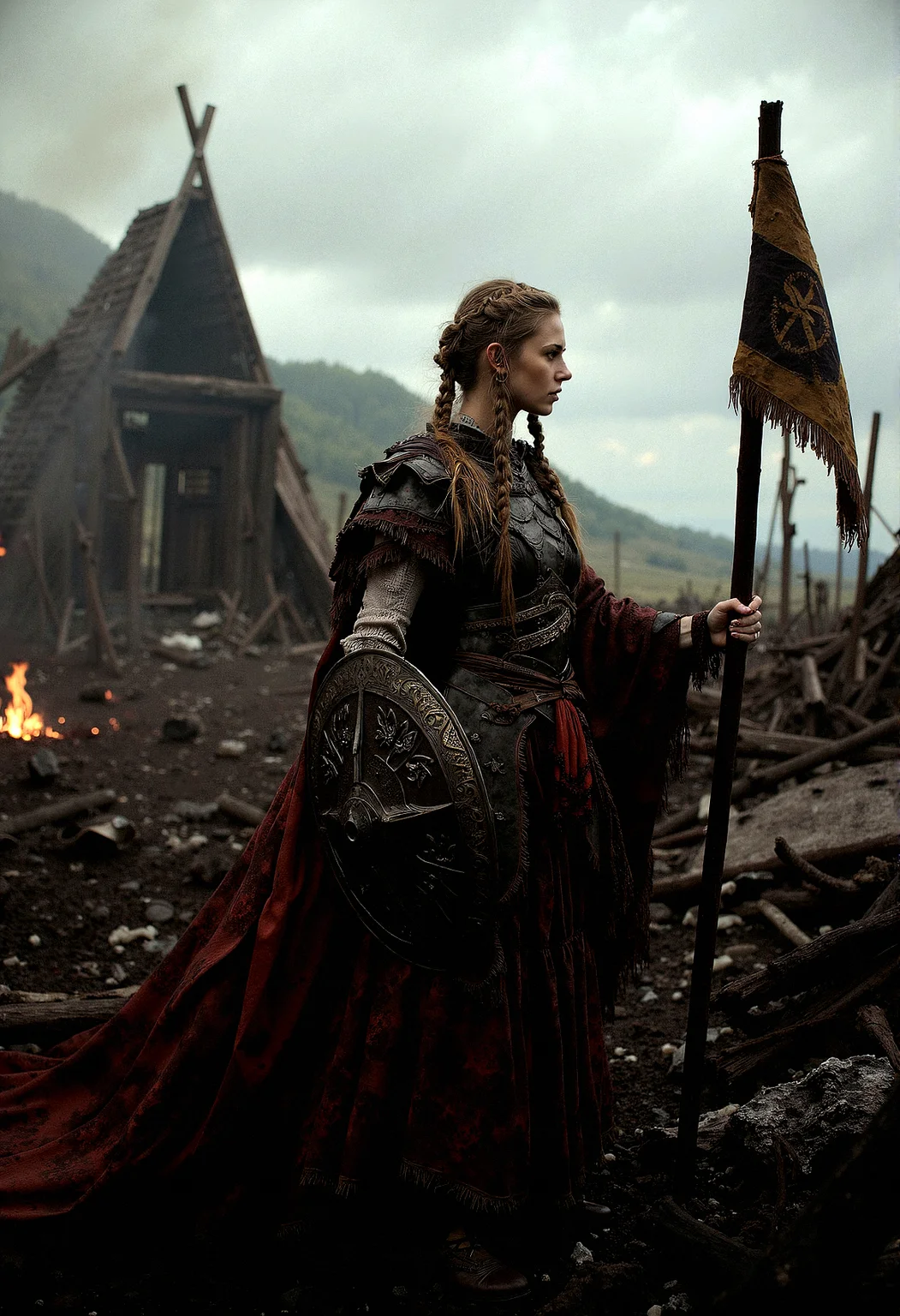 A portrait of a Viking shieldmaiden standing amidst the ruins of a once-great village, now reduced to ashes and rubble.  Her armor is scorched, and her braids are singed. The background is filled with the remnants of smoldering buildings, with the sky above heavy with dark, swirling clouds.Scorched wooden beams from collapsed structures protrude from the rubble, blackened and twisted by fire.Thin tendrils of smoke rise from smoldering piles of ash and debris, adding a sense of recent destruction.The skeletal remains of a Viking longhouse stand in the background, with its roof caved in and walls partially collapsed.Shredded Viking banners hang limply from broken poles, their once-proud symbols now faded and torn.
Holding a tattered Viking banner in both hands, her expression filled with pride and sorrow as she gazes at 