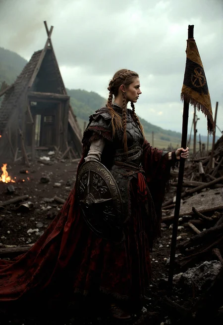 A portrait of a Viking shieldmaiden standing amidst the ruins of a once-great village, now reduced to ashes and rubble.  Her armor is scorched, and her braids are singed. The background is filled with the remnants of smoldering buildings, with the sky above heavy with dark, swirling clouds.Scorched wooden beams from collapsed structures protrude from the rubble, blackened and twisted by fire.Thin tendrils of smoke rise from smoldering piles of ash and debris, adding a sense of recent destruction.The skeletal remains of a Viking longhouse stand in the background, with its roof caved in and walls partially collapsed.Shredded Viking banners hang limply from broken poles, their once-proud symbols now faded and torn.
Holding a tattered Viking banner in both hands, her expression filled with pride and sorrow as she gazes at 