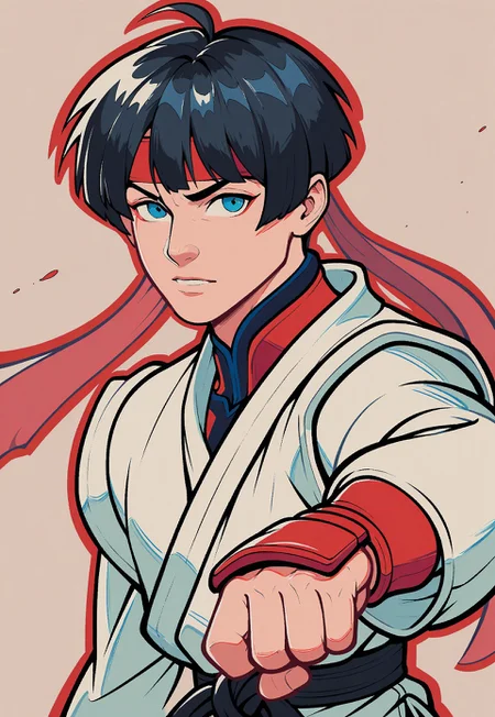 IllustriousQual , 1boy, male focus, martial artist, kimono, black hair, blue eyes, bishonen, video game character, street fighter, OH GOD FALLEN DONT KICK ME IM TIRED, art by whatever, trending on pixiv,  WatercolorMangaLLS