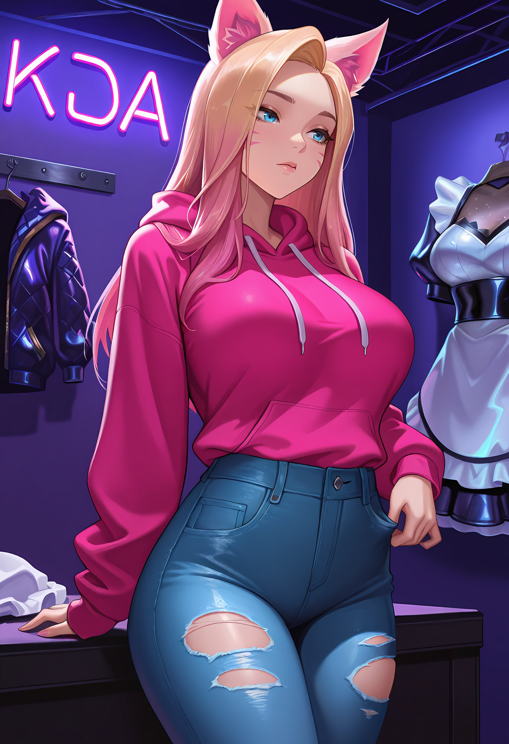 1girl, solo,  pink hoodie, torn jeans, cowboy shot,  backstage, neon lights, unworn maid uniform, <lora:ahrialloutIL:0.5>, ahrikdaallout, k/da (league of legends), large breasts, blue eyes, whisker markings, animal ears, blonde hair, pink hair, masterpiece, best quality, amazing quality,