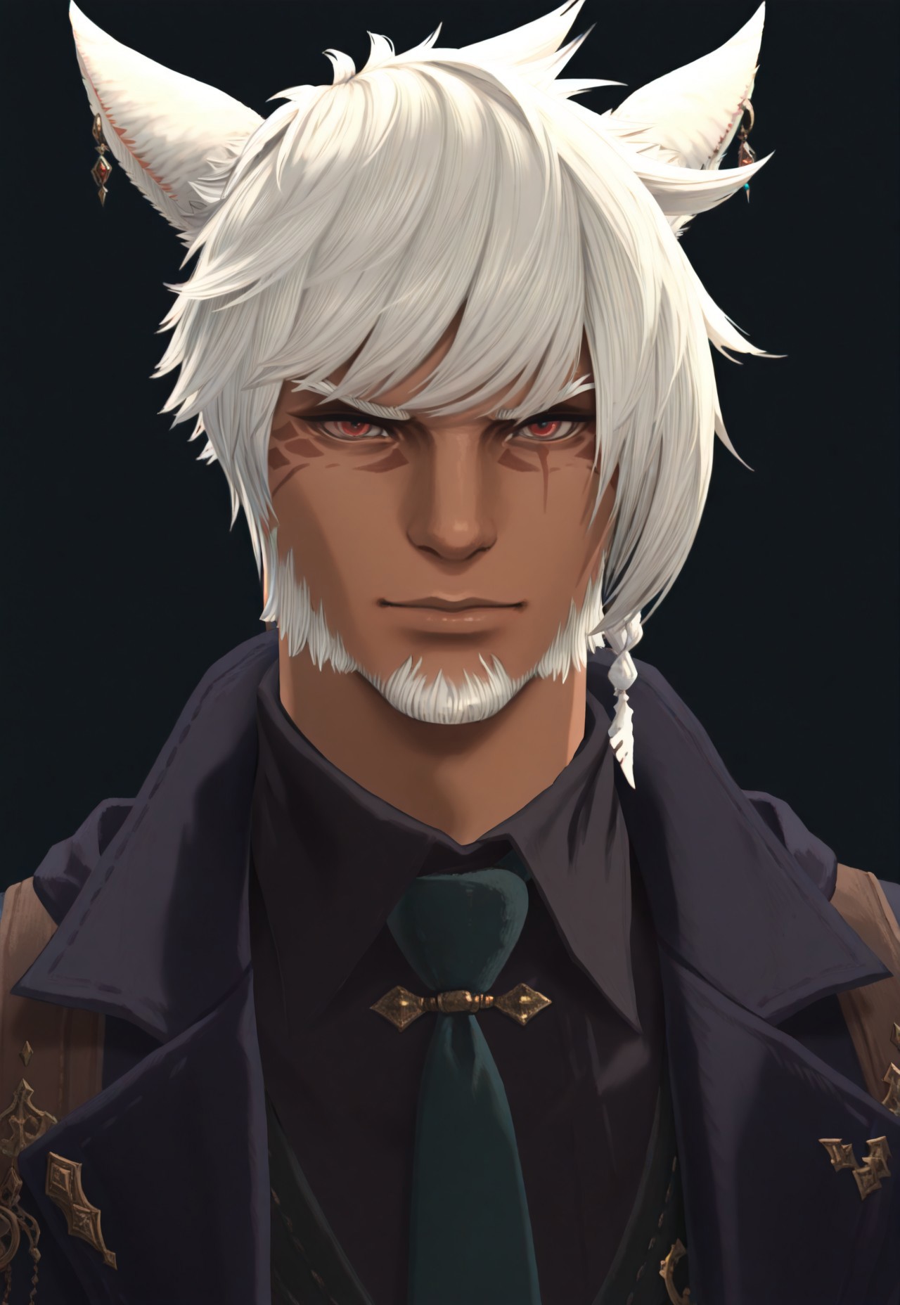 masterpiece, very aesthetic, absurdres, 3KK4T14, 1boy, solo, male focus, miqo'te, animal ears, cat ears, jewelry, facial hair, necktie, dark skin, beard, red eyes, earrings, facial mark, short hair, dark-skinned male, looking at viewer, white hair, simple background, 