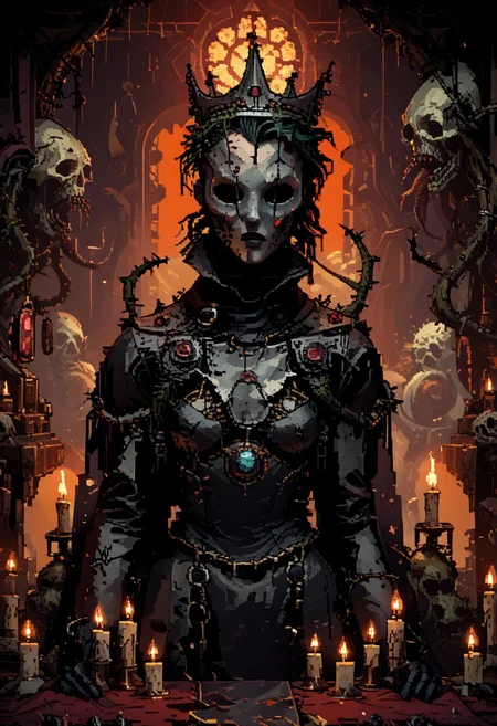 score_9, score_8_up, score_7_up, yamer_pixel_fusion, pixel art,
Inside the Theatrum Diaboli, a dramatic recitation by Papa Emeritus, wearing a crown of thorns and an elaborate, gem-encrusted robe. The scene is lit by hundreds of candles, casting soft, flickering light that dances across his ghostly mask and the attentive faces of the congregation, cloaked in shadow.,
in the style of a vintage, high-contrast setting, capture the essence of a campy and sensual satanic ritual. Emphasize theatrical elements with bursts of bright colors against dark, moody backgrounds
, retro futuristic, atompunk, hyper-detailed, dark fantasy, lofi, d3p1x3l, pixel art