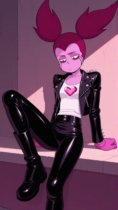 masterpiece,best quality,amazing quality, 1girl, solo, <lora:IlluSpinel:1> illuspnel1, twintails, pink eyes, pinkhair, pink skin, gloves, open leather jacket, white tank top, leather pants, biker clothes, spiked jacket, long sleeves, bored, sitting, leaning back, knee up, black boots