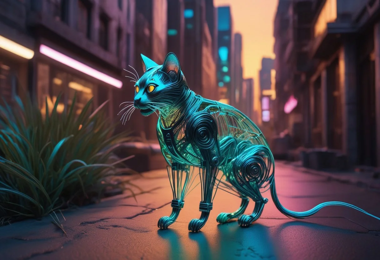 robot cat made of, tiny neon || filaments catching small wild natural mouse, evening, in the street of futuristic city, no plants, best quality