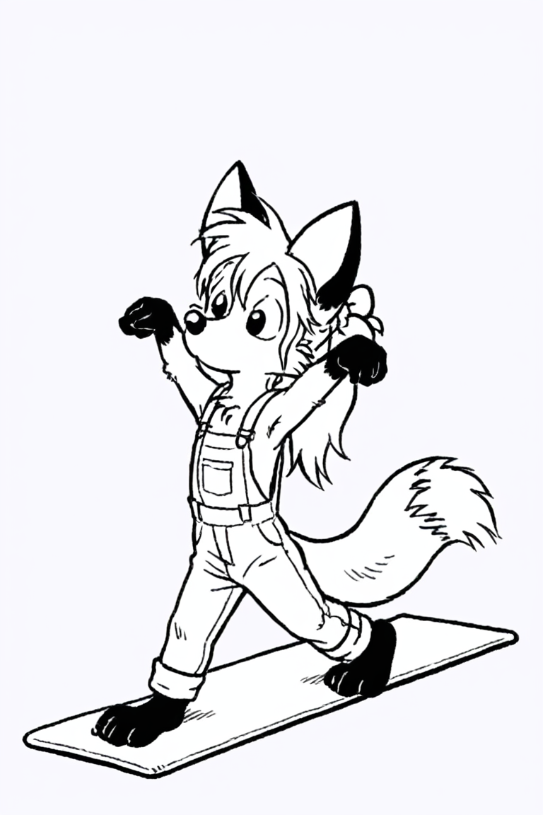 solo, dwarf, fox, black eyes, suspenders, overalls, spiked tuft, hair tuft, ponytail, big hair, pointy nose, black nose, black paws, black and white, white background,
<lora:Millie_from_Ozy_and_Millie_90_style:0.9>
yoga pose,