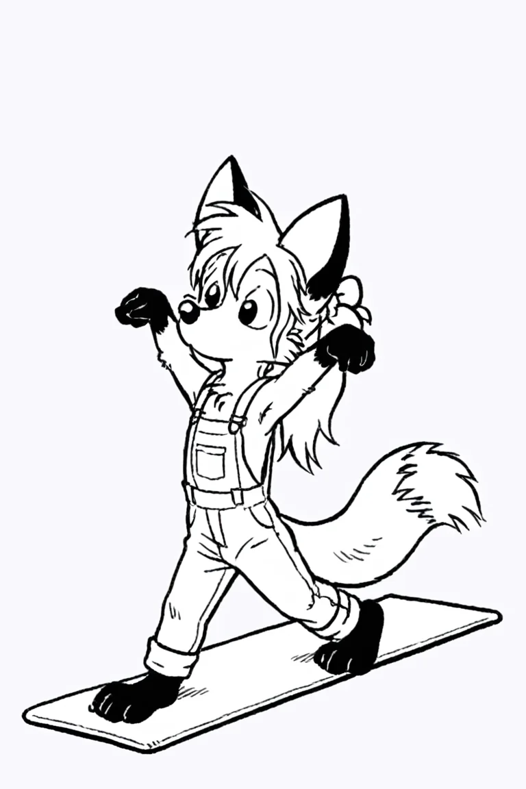 solo, dwarf, fox, black eyes, suspenders, overalls, spiked tuft, hair tuft, ponytail, big hair, pointy nose, black nose, black paws, black and white, white background,
<lora:Millie_from_Ozy_and_Millie_90_style:0.9>
yoga pose,