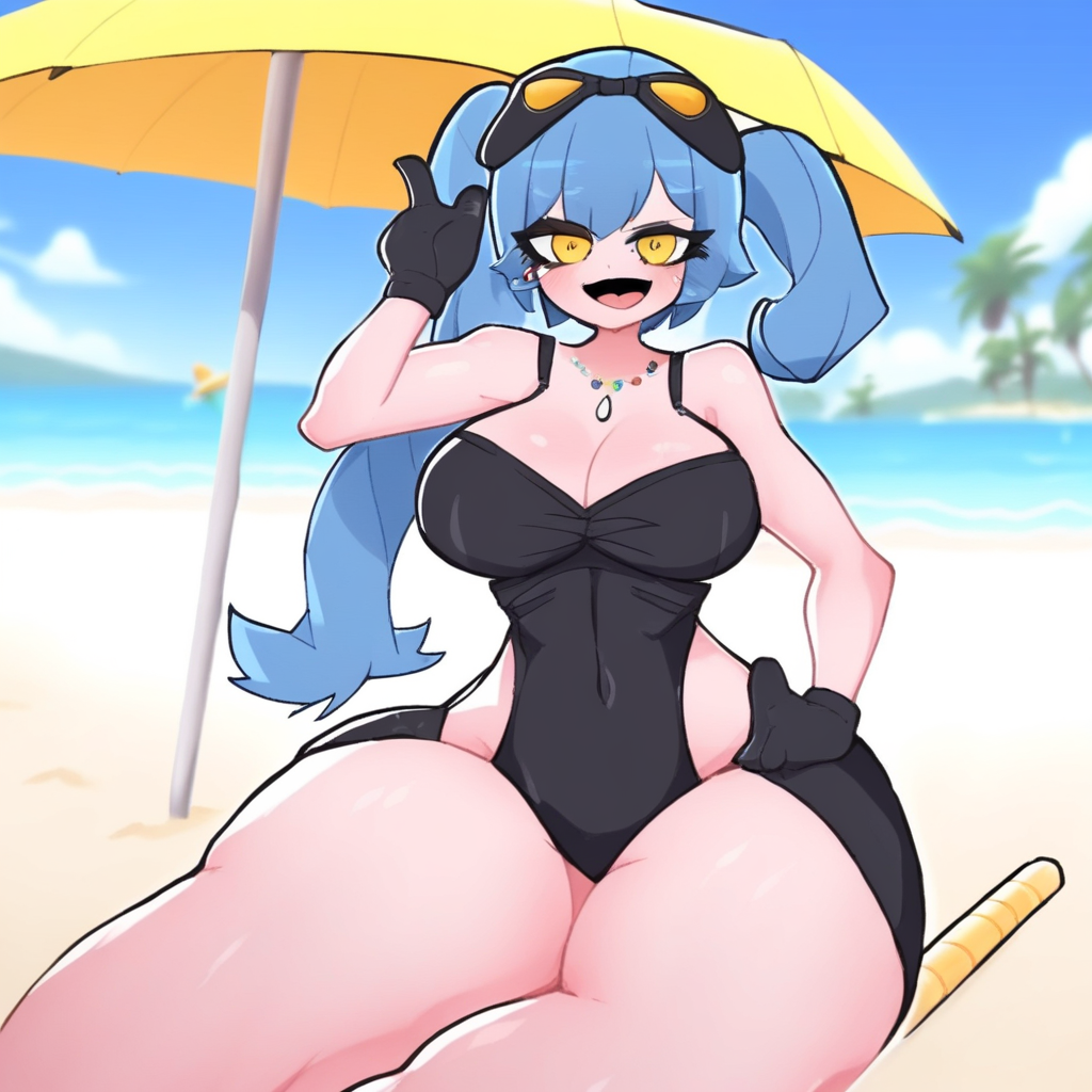 visor cap, black dress, swimsuit, silk, blue hair, thighhighs, jewelry, sleeveless, 1girl, dress, hooded bodysuit, elbow gloves, black hair, hair bun, bright pupils, spread legs, open mouth, blush, animal ears, cleavage cutout, thighs, beach umbrella, can, sunglasses, gloves, yellow eyes