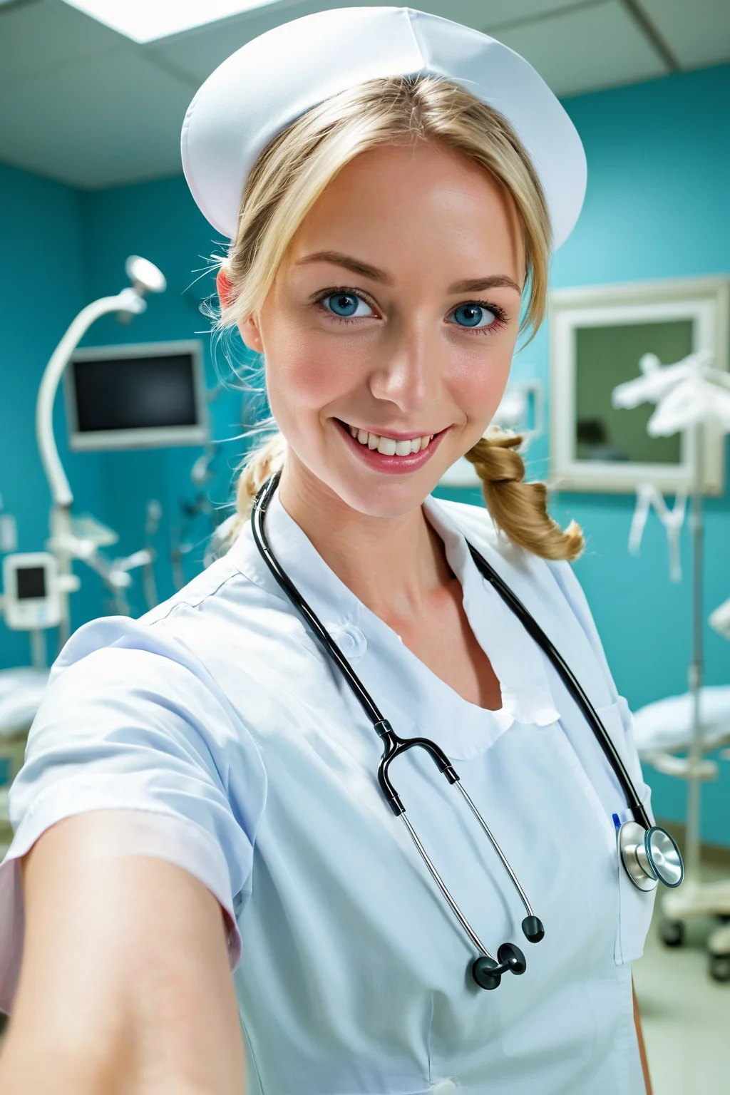 (RAW photo, best quality), wide angle photo, masterpiece, 1girl, natural lighting
hospital, operating room, surgical gloves,
(((White))) nurse uniform smooth, nurse, nurse hat, stethoscope,
Caucasian, blonde, blue eyes, light smile,
dslr, focused, blurred background,
<lora:nurse_uniform_xl_v1_1-000003:1>