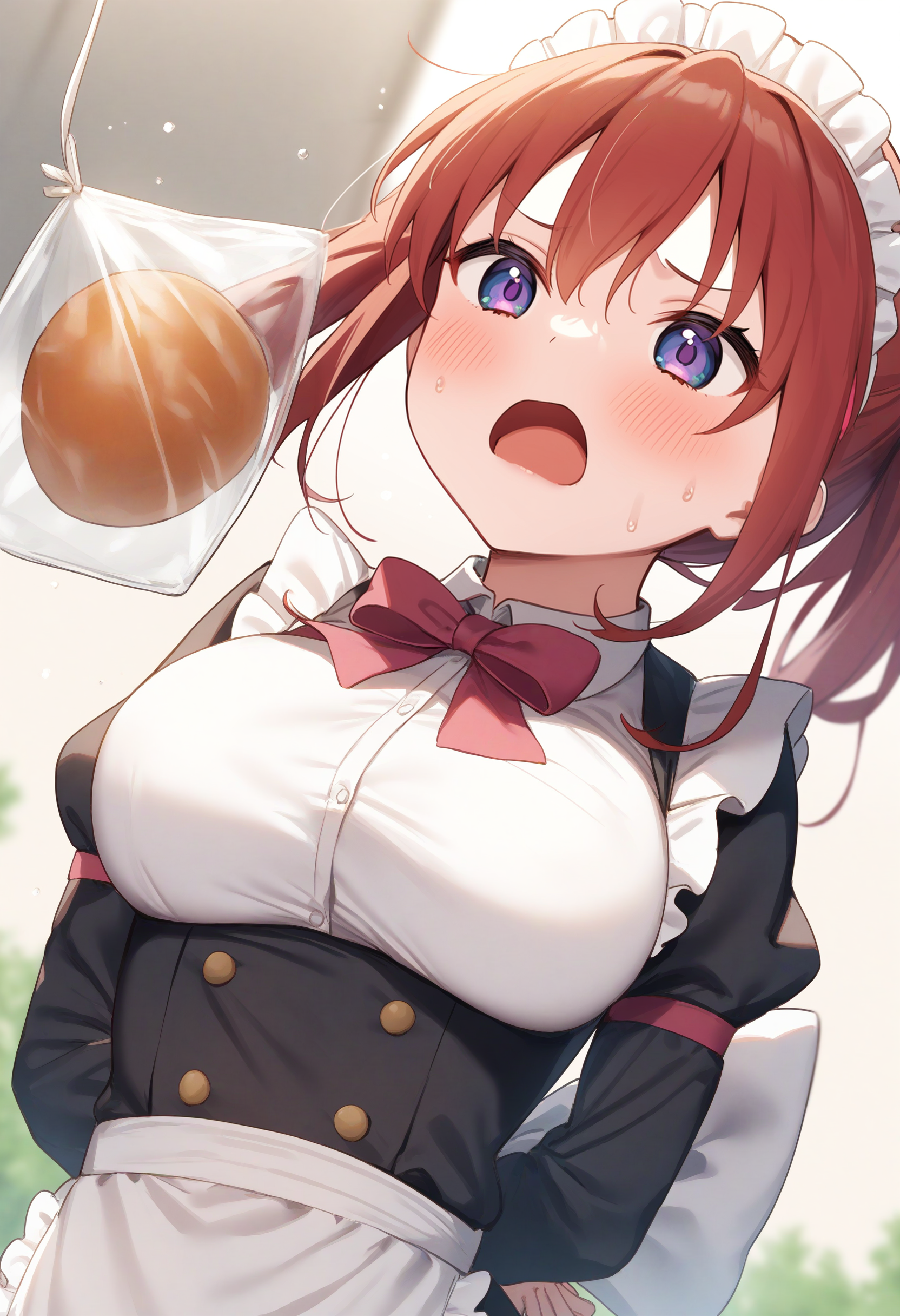 1girl,sincos, ningen mame, toosaka asagi,solo,medium breasts,20yo,maid,maid headdress,
bread eating race,sports festival,bread,arms behind back,<lora:breadeatingrace_XL_v1:0.8>
open mouth, bouncing breasts, plastic bag,
from below, upper body, looking up, red hair, purple eyes,disgust, open mouth, bow-shaped hair,,
best quality, very aesthetic, absurdres