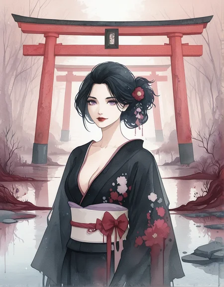 water color painting, 1girl,Japanese, black hair, beautiful traditional hairstyle, beautiful face, large purple eyes, crimson red lips, soft smile, cleavage, wearing a black kimono with pastel accents, covered in roots and ivy, misty woods, ponds, reflections, torii, simple beige canvas, rough surface
