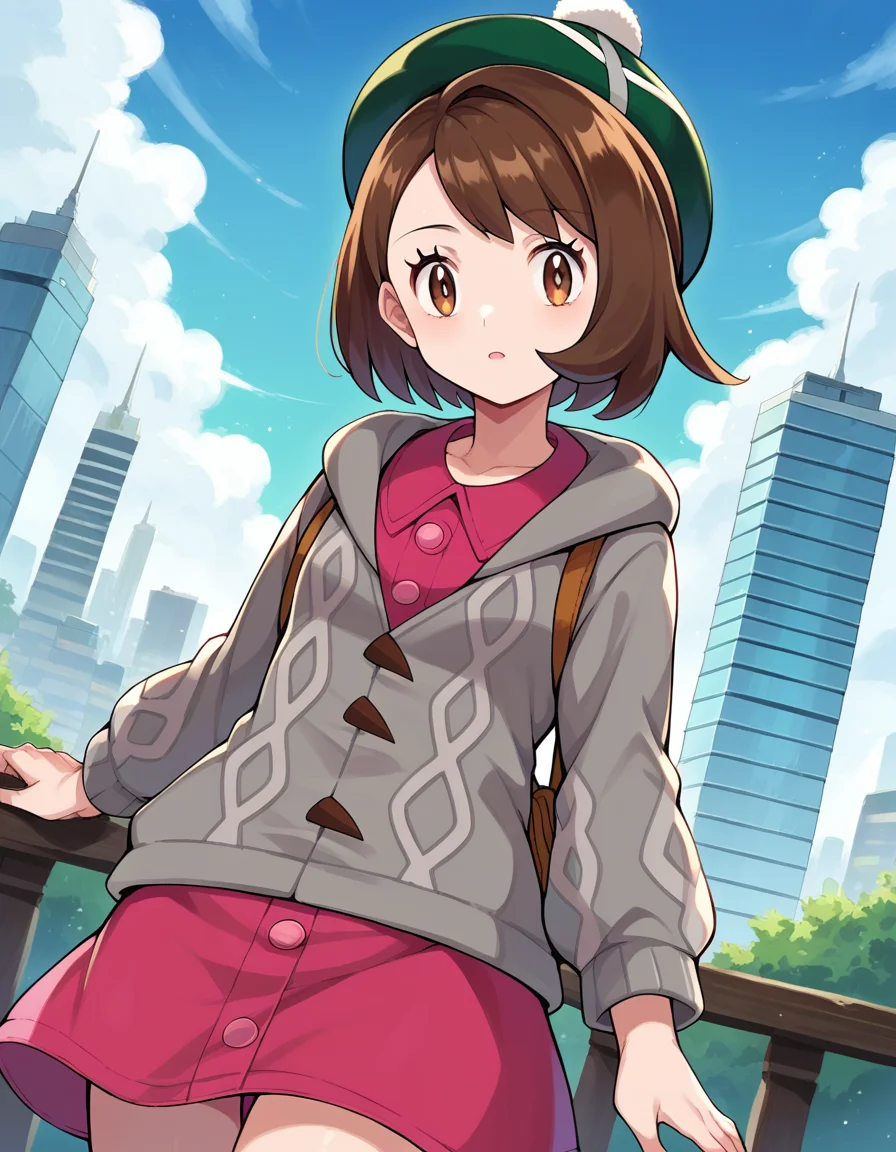 score_9, score_8_up, score_7_up, source_anime,
pokemongloria, <lora:pokemon-gloria-ponyxl-lora-nochekaiser:1>
pokemongloria, brown eyes, brown hair, medium hair,
cardigan, dress, green headwear, grey cardigan, hood, hood down, hooded cardigan, long sleeves, pink dress, short dress,
outdoors, cityscape,
looking at viewer, cowboy shot, dutch angle,