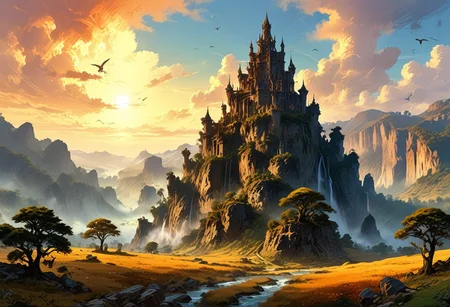 Spires of rock rise through thick cloud with small clumps of trees sat on the top. The spires tower over the scene and have little houses and meadows sitting within cracks in the rock. Waterfalls dot the spire's surface. This vertical landscape is teeming with birds and other wildlife. ((Highest quality:1.0),(High resolution:1.0), (masterpiece:1.0), (ground level view:0.6, viewer looking up:0.6), beautiful and aesthetic:1.3), extreme detailed, colorful, highest detailed,((ultra-detailed)),(highly detailed CG illustration), ((sunset, orange tones, forest, sun,)),,