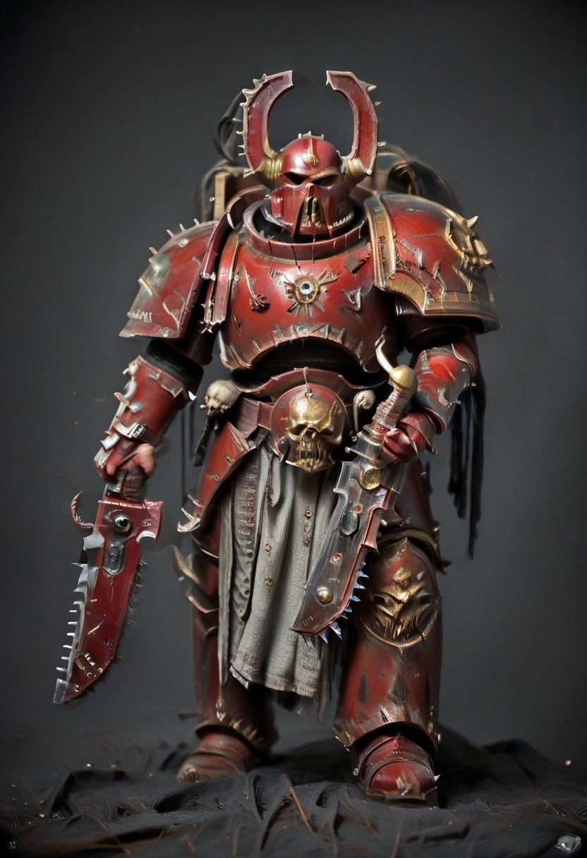 Score_9_up, absurdres, Source: GamesWorkshop, best quality, expressive eyes, perfect face, space marine, World Eaters Traitor Astartes Chapter Exalted Eightbound Berserker holding a chainsword, red armor, spiked horned astartes helmet, full body, volumetric lighting project unreal engine, mantisdetailerse, <lora:warhammerAdeptus_v1:0.7>,
