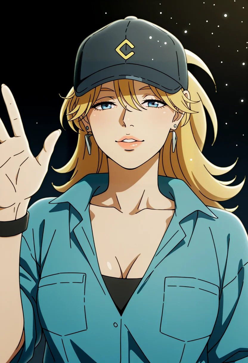 <lora:Gradient_Background:1> Gr_Back, Gradient Background, dark background,(upper body:1.4),female focus, magic light particles, waving at viewer, close up, high detail face,
cleaneroutfit2, 1girl, long blonde hair, bangs, messy hair, blue eyes, medium breast, cleavage, | baseball cap, black cap, | jumpsuit, blue jumpsuit, collared, v-neck, black belt, black buckle, black undershirt, short sleeves (rolled up), chest pockets,| black wristband, earrings <lora:Christine_Lazarus _IL:1>