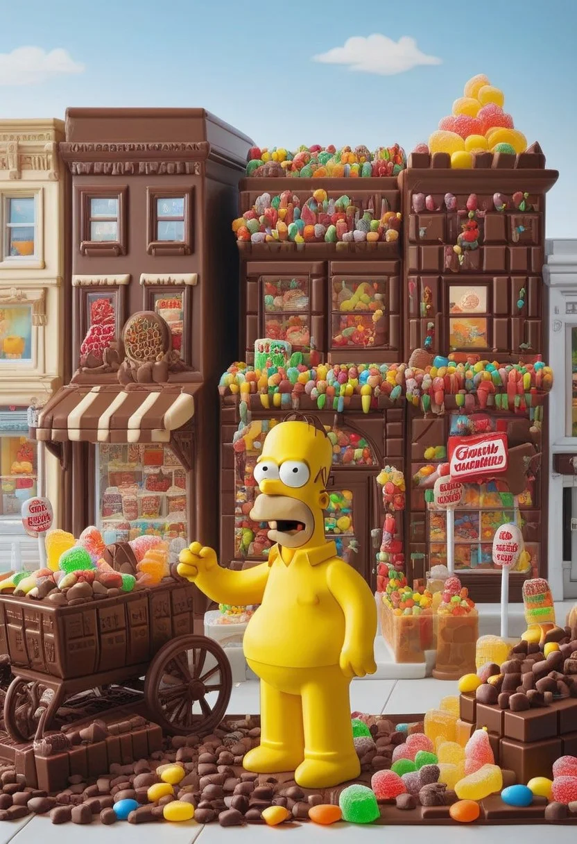 happy homer simpson, in front a candy store with 50% discount, biting chocolate building and candy characters of ths city,